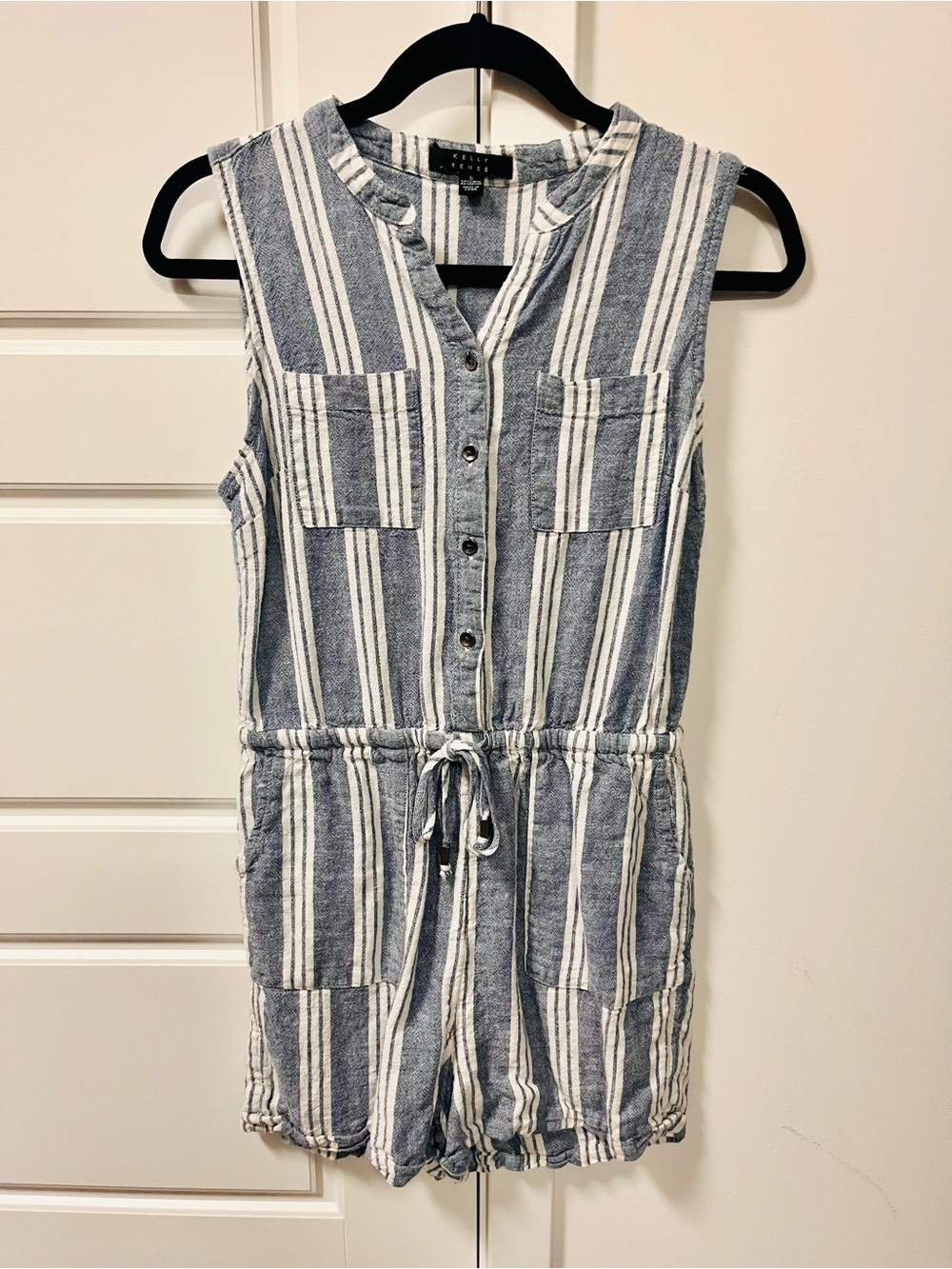 Kelly Renée Blue White Striped Utility Romper Medium